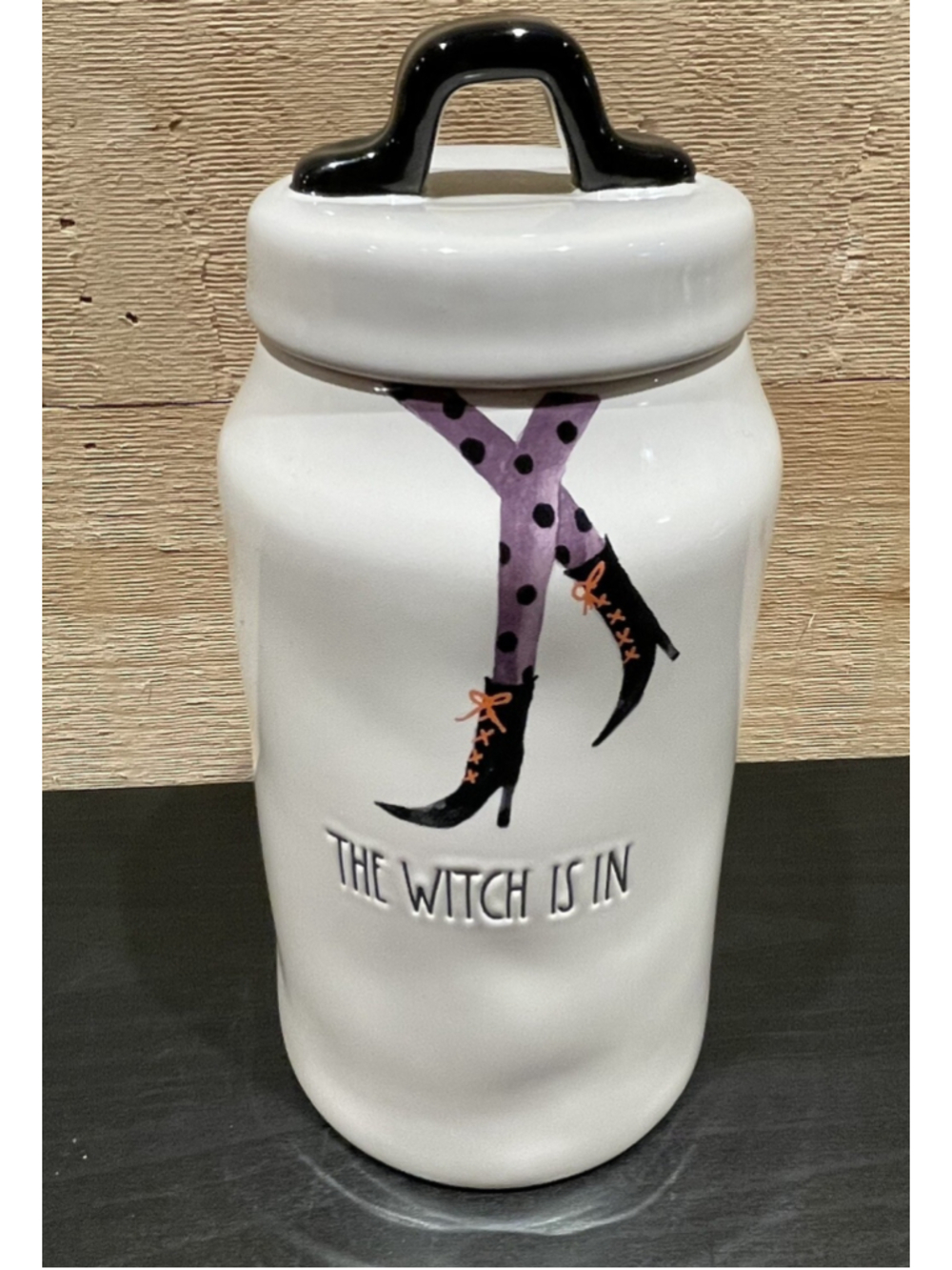 RAE DUNN Halloween "THE WITCH IS IN" Cookie Jar Tall Thin Cylinder Canister NWT